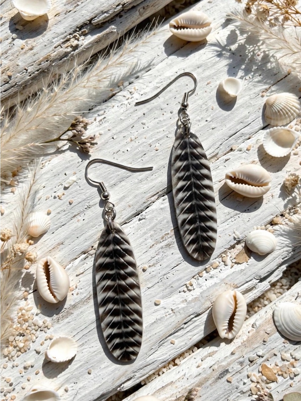 Hand Painted Shell Goshawk Feather Earrings